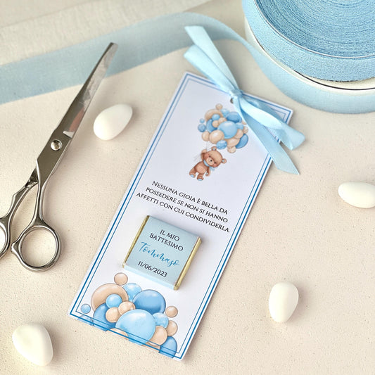 Segnaposto Battesimo con Cioccolatino – Orsetto & Palloncini – Personalizzato con Nome, Data e Frase