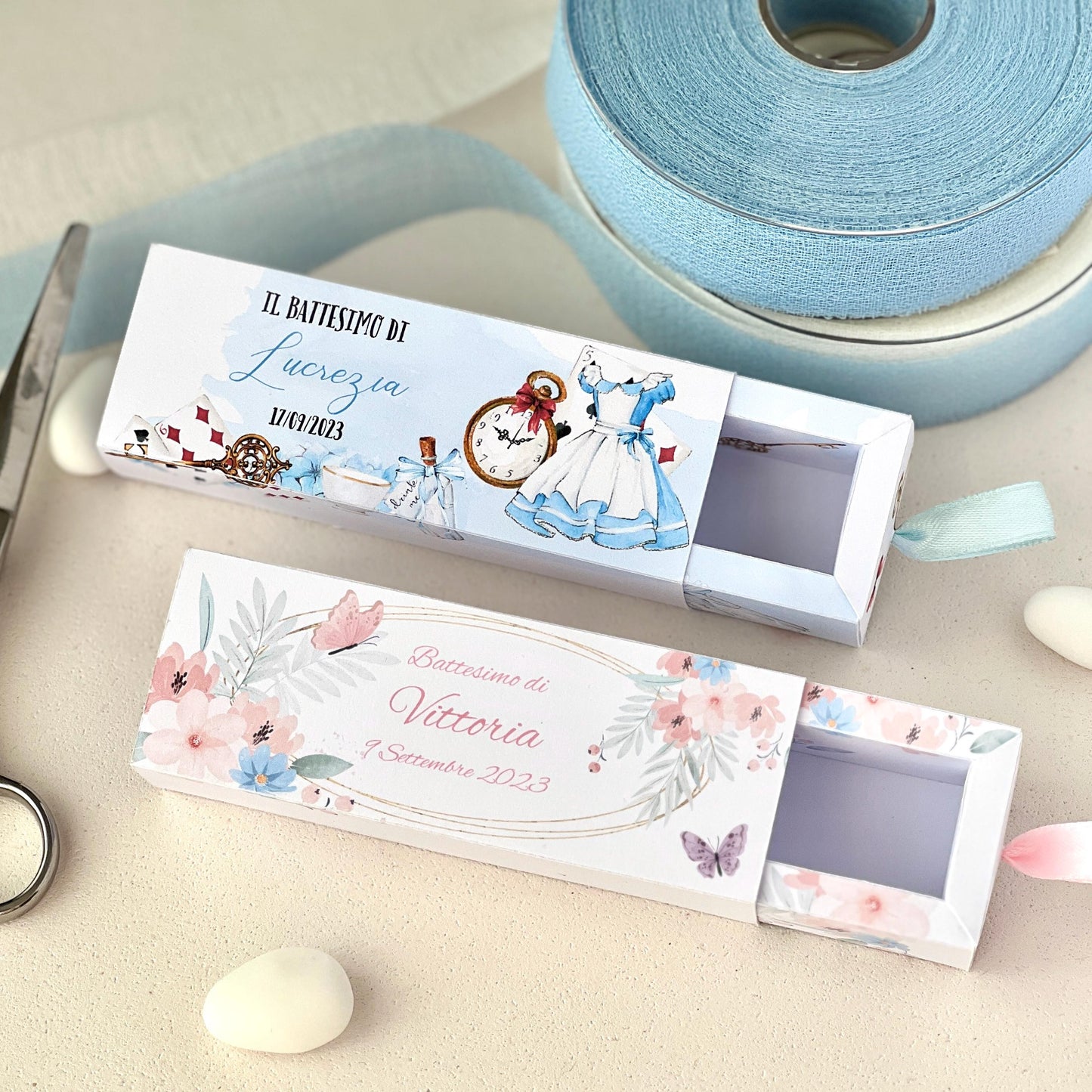 Scatolina a Cassetto Battesimo – Grafica Alice o Floreale Rosa – Personalizzata con Nome & Data - Bomboniera Battesimo
