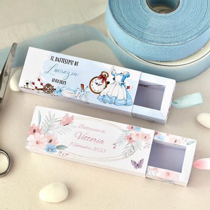 Scatolina a Cassetto Battesimo – Grafica Alice o Floreale Rosa – Personalizzata con Nome & Data - Bomboniera Battesimo