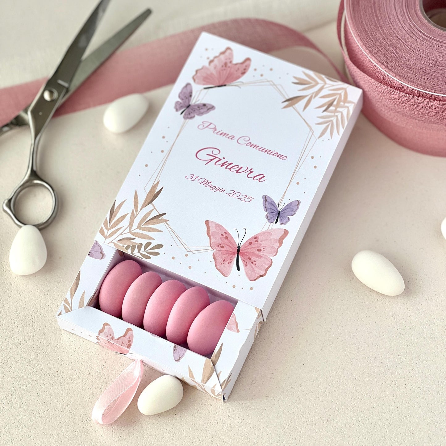 Scatolina Farfalle Rosa con Doppio Scomparto – Prima Comunione / Battesimo – Bomboniera Personalizzata