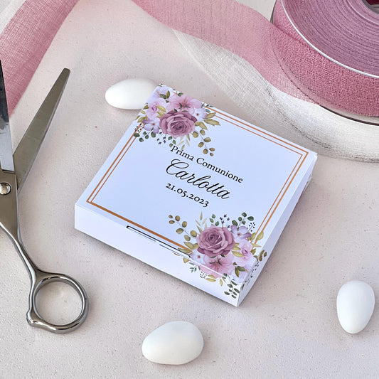 Scatola,Scatolina Porta confetti per Comunione,Battesimo,Nascita,Matrimonio, fiori Rosa, maggiori info in descrizione