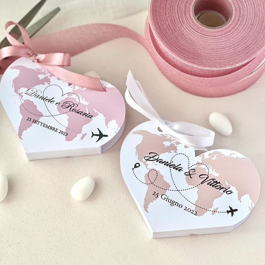 Scatolina Cuore Mappa del Mondo – Bomboniera Viaggio Personalizzata Perfetta per Matrimonio, Anniversario, Wedding Travel Theme