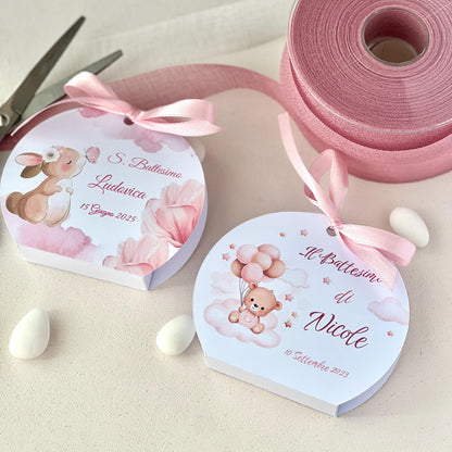 Scatolina Battesimo Rosa – Bomboniera Personalizzata con Coniglietta o Orsetto Perfetta per 5 Confetti - Porta confetti Rotonda rosa