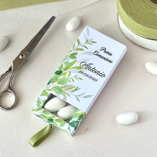 Scatolina Prima Comunione Verde – Portaconfetti Personalizzato Elegante per 5 Confetti - Bomboniera Comunione o Battesimo