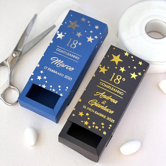 Scatolina 18 Compleanno – Elegante con Stelle Foil Oro/Argento Versione Blu o Nera | Personalizzabile | Bomboniera Compleanno