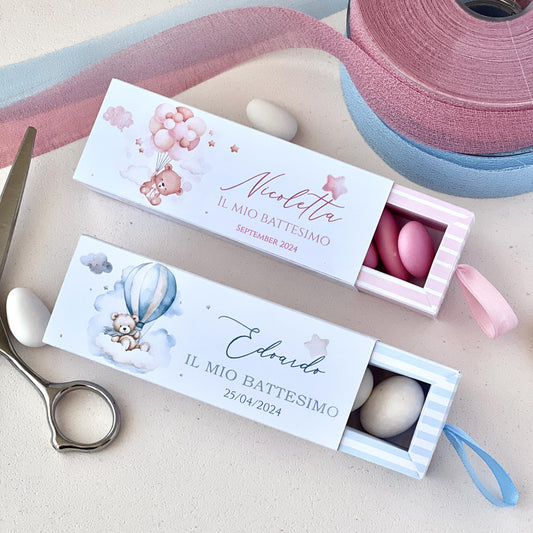 Scatolina Battesimo a Cassetto Bimba o Bimbo – Grafica Orsetto Palloncini/Mongolfiera | Rosa o Azzurro a Righe | Bomboniera Personalizzata