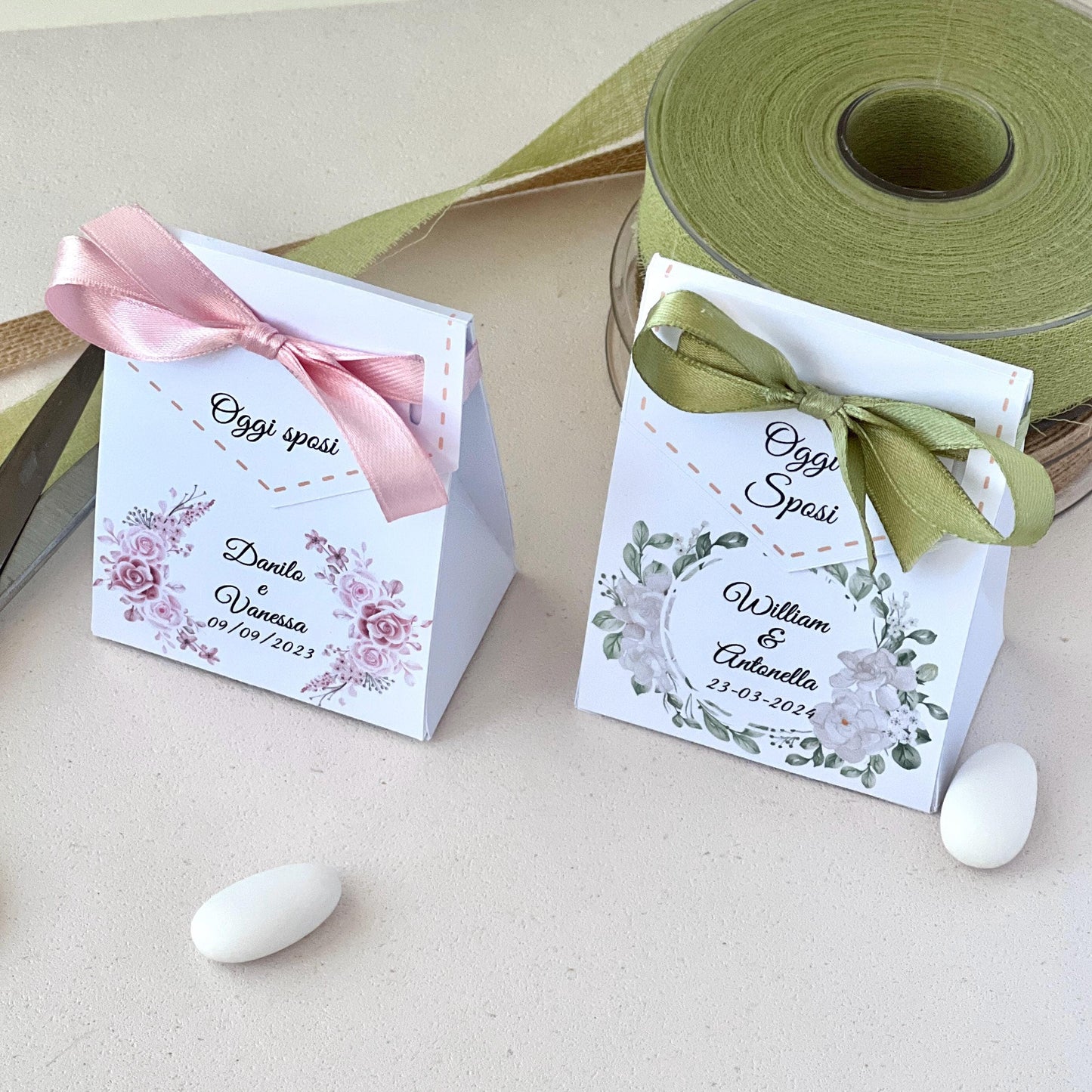 Scatolina Bag Matrimonio – Con Fiocco | 2 Grafiche Disponibili (Rosa & Salvia) | Perfetta per 5/7 Confetti - Bomboniera Matrimonio