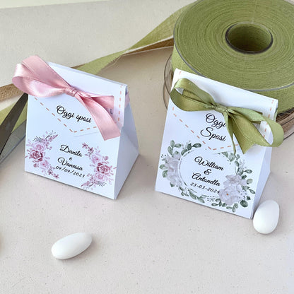 Scatolina Bag Matrimonio – Con Fiocco | 2 Grafiche Disponibili (Rosa & Salvia) | Perfetta per 5/7 Confetti - Bomboniera Matrimonio