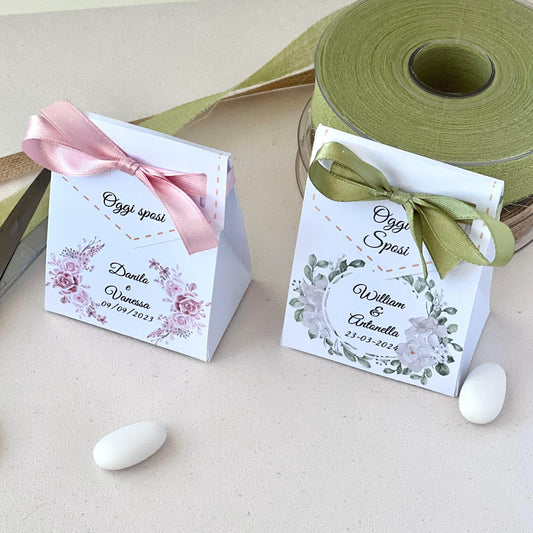 Scatolina Bag Matrimonio – Con Fiocco | 2 Grafiche Disponibili (Rosa & Salvia) | Perfetta per 5/7 Confetti - Bomboniera Matrimonio