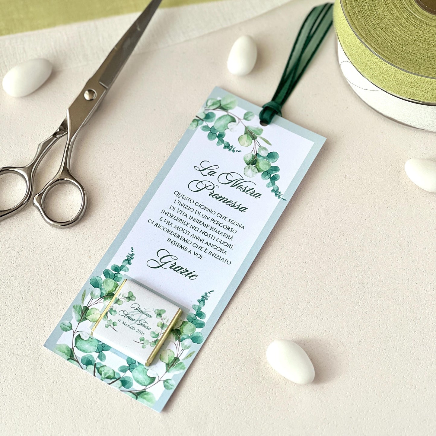 Segnaposto Promessa con Cioccolatino Personalizzato – Grafica Eucalipto – Testo Personalizzato – Bomboniera Matrimonio / Promessa Nozze