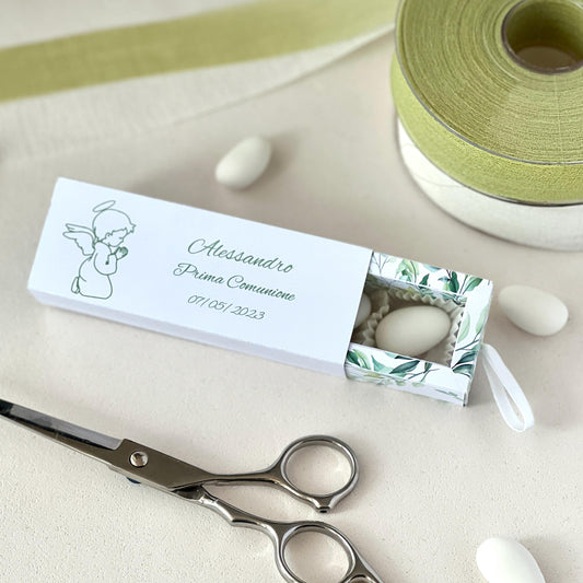 Scatolina Porta Confetti Comunione Personalizzata – Box con Angioletto – Grafica Verde – Bomboniera Bambino