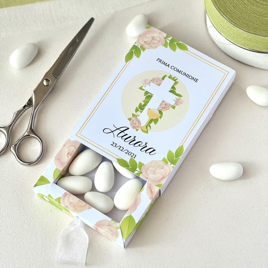 Scatolina Prima Comunione Personalizzata – Box 10×6×1.5 cm con Croce e Fiori – Perfetta per 10/15 Confetti o Regalo