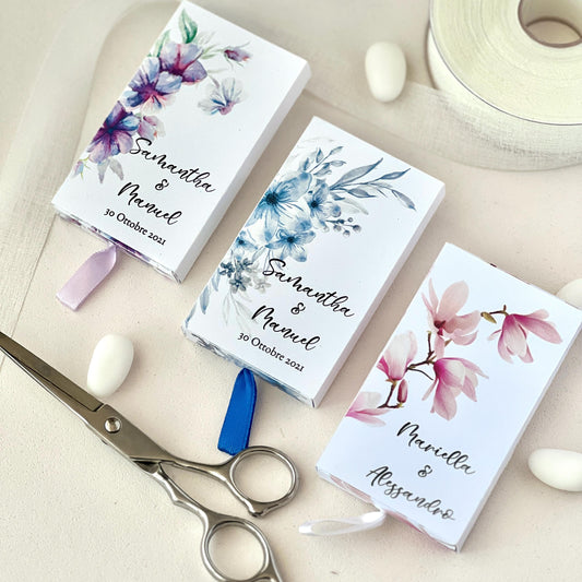 Scatolina Porta Confetti Personalizzata Matrimonio – 3 Grafiche Floreali a Scelta – Bomboniera Elegante con Nastro – Evento, Promessa, Nozze