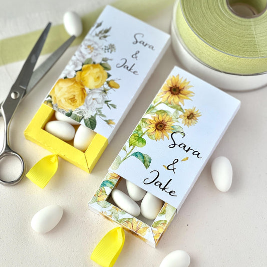 Scatolina Portaconfetti – Grafica Girasoli o Rose Gialle – Personalizzata con Nomi & Data - Bomboniera Matrimonio