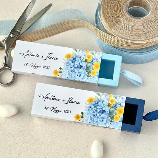 Scatolina Matrimonio a Cassetto Floreale Azzurra – Interno Celeste o Blu – Personalizzata con Nomi & Data - Bomboniera Matrimonio