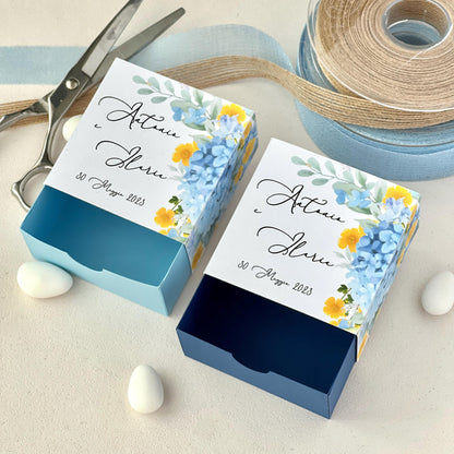 Scatolina con Grafica Floreale – Interno Celeste o Blu – Personalizzata per Matrimonio o Evento - Bomboniera personalizzata