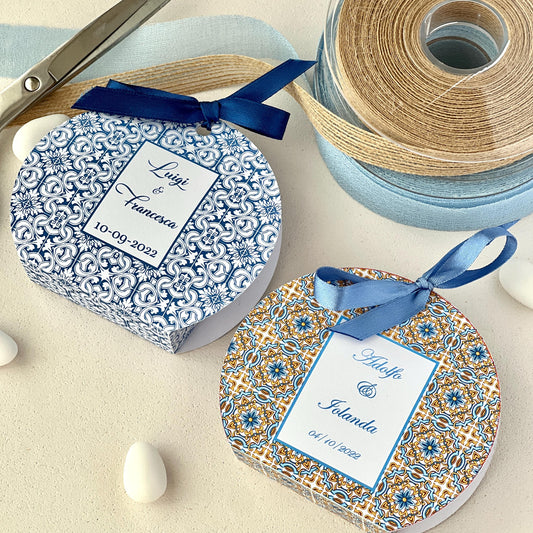 Scatolina Rotonda Maiolica – Variante Blu o Giallo/Blu – Personalizzata per Matrimonio & Eventi - Bomboniera Maioliche personalizzata