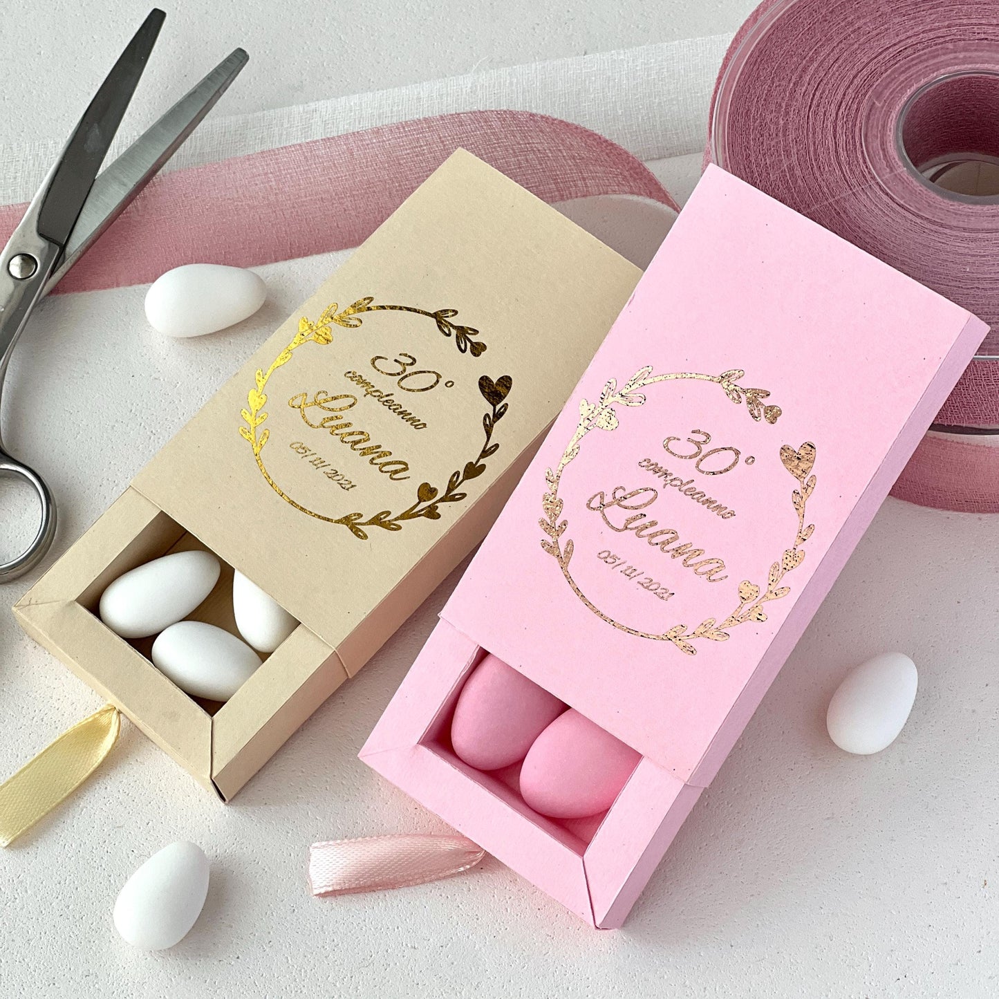 Scatolina a Cassetto con Foil Oro – Varianti Rosa o Beige – Personalizzata per Compleanno Elegante - Bomboniera Personalizzata