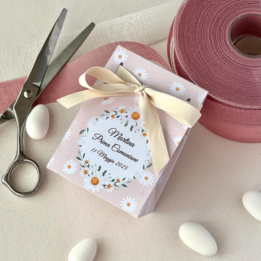 Scatolina a Borsetta Rosa con Margherite – Personalizzata – Prima Comunione / Eventi – Perfetta per 5 Confetti - Bomboniera Comunione