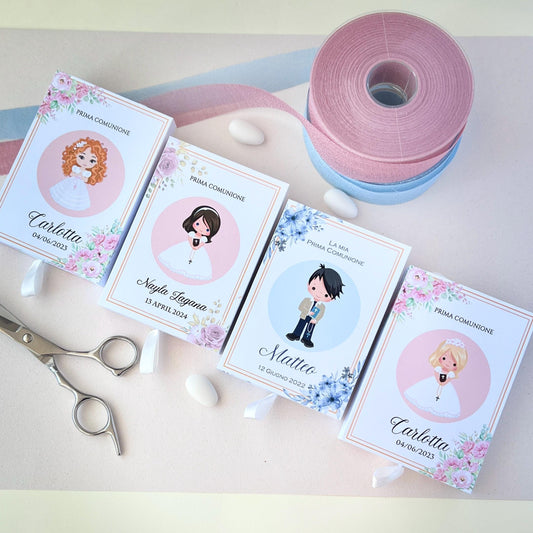 Scatolina Prima Comunione – 4 Grafiche Bimba/Bimbo Personalizzata | Perfetta per 10/15 Confetti o Gadget | Bomboniera Con Immagine Bimbi