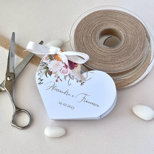 Scatolina Cuore Matrimonio – 5×5 cm Grafica Floreale Boho | Perfetta per 5 Confetti | Personalizzata con Nomi & Data - Bomboniera Matrimonio