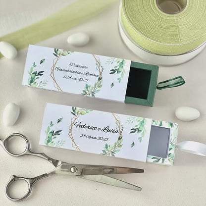 Scatolina Portaconfetti a Cassetto – Grafica Foglie Green – Personalizzata con Nomi & Data - Bomboniera Matrimonio