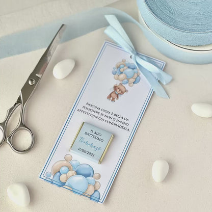 Segnaposto Battesimo con Cioccolatino – Orsetto & Palloncini – Personalizzato con Nome, Data e Frase