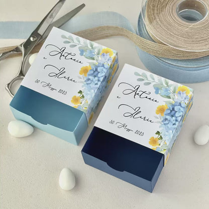 Scatolina con Grafica Floreale – Interno Celeste o Blu – Personalizzata per Matrimonio o Evento - Bomboniera personalizzata