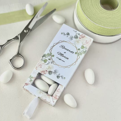 Scatolina Portaconfetti con Finestra – Grafica Floreale Elegante – Personalizzata con Nomi & Data