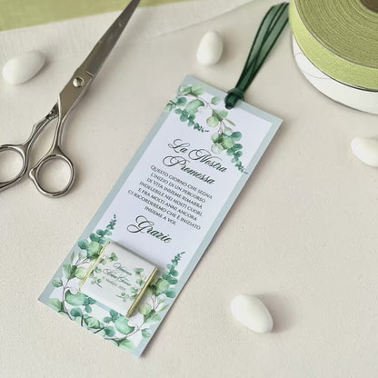 Segnaposto Promessa con Cioccolatino Personalizzato – Grafica Eucalipto – Testo Personalizzato – Bomboniera Matrimonio / Promessa Nozze