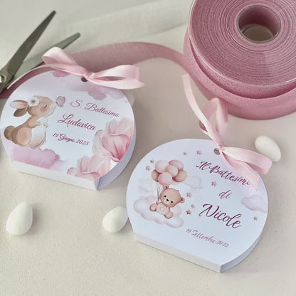Scatolina Battesimo Rosa – Bomboniera Personalizzata con Coniglietta o Orsetto Perfetta per 5 Confetti - Porta confetti Rotonda rosa