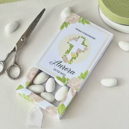 Scatolina Prima Comunione Personalizzata – Box 10×6×1.5 cm con Croce e Fiori – Perfetta per 10/15 Confetti o Regalo