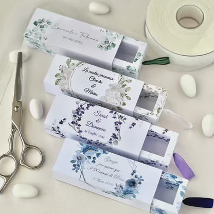 Scatolina Porta Confetti Fiammifero Personalizzata – 4 Grafiche Floreali – Bomboniera Matrimonio/Promessa – Nastro in Raso – Custom Box