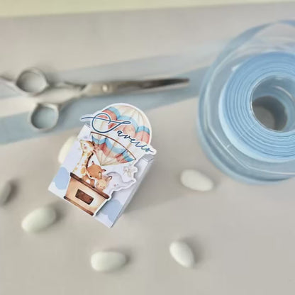 Scatolina Porta confetti per Nascita,cubo, Celeste, maschio, mongolfiera, Nuvoletta, personalizzata, per maggiori info in descrizione