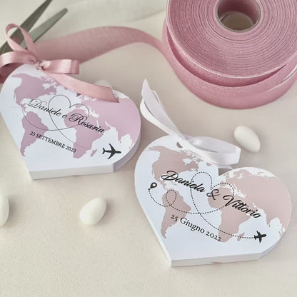 Scatolina Cuore Mappa del Mondo – Bomboniera Viaggio Personalizzata Perfetta per Matrimonio, Anniversario, Wedding Travel Theme